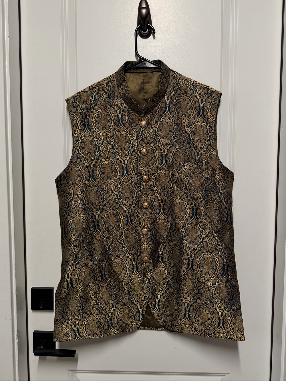 Men’s Indian Pakistani Sherwani Waistcoat Vest Gold & Navy Brocade Formal Weddin